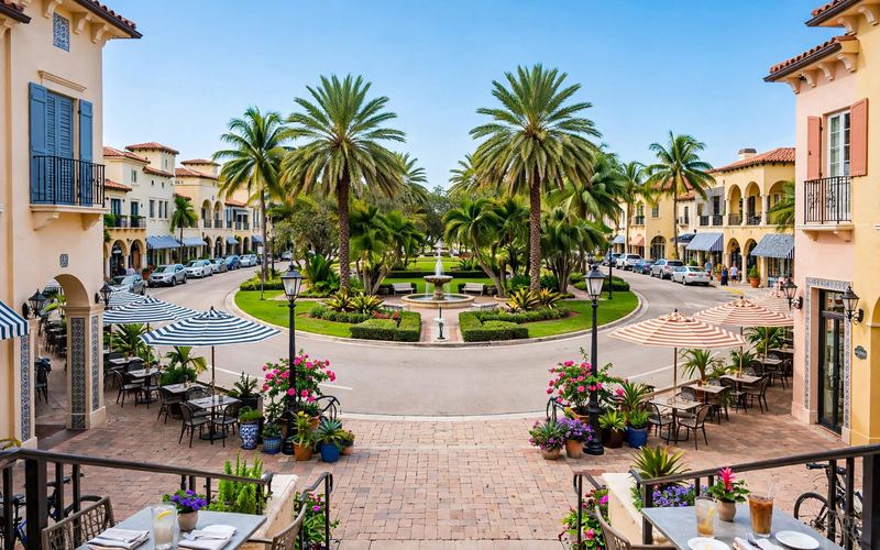St. Armands Circle shops beneath palm trees
