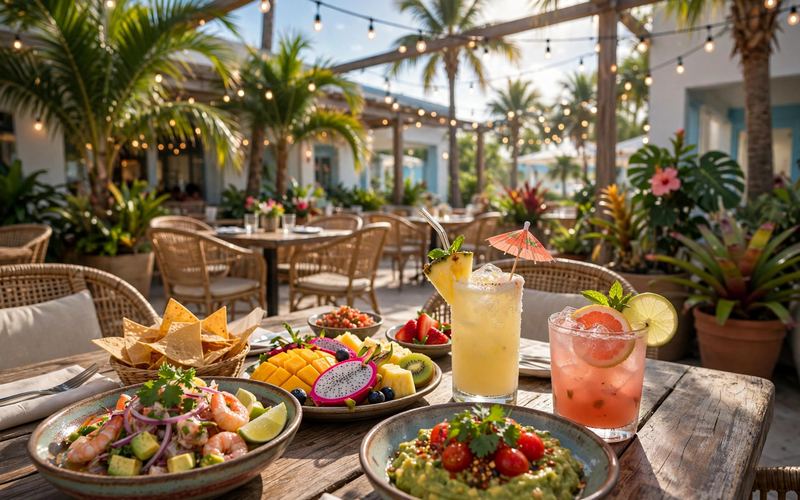 Sunny restaurant patio table with colorful dishes