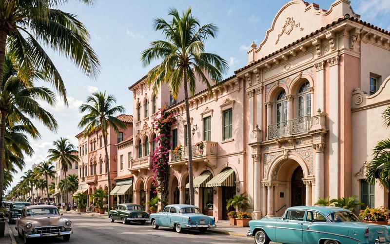 Historic downtown Sarasota buildings with palm trees