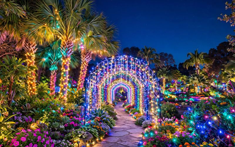 Selby Gardens glowing with holiday lights at night