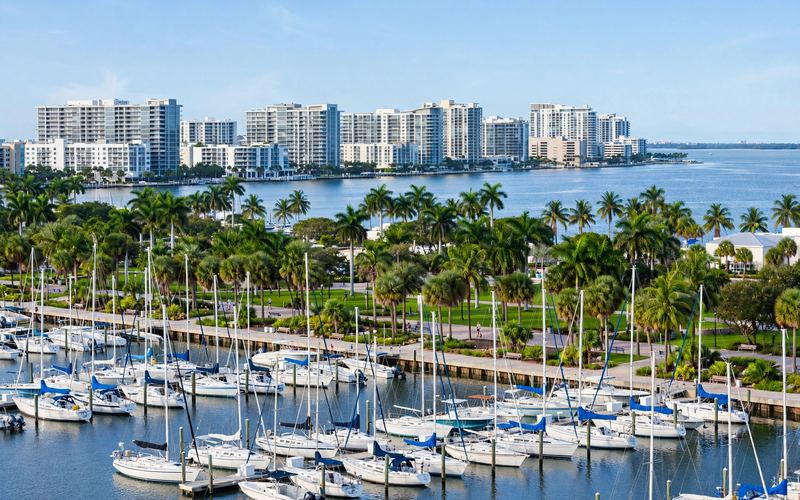 Downtown Sarasota bayfront marina full of sailboats