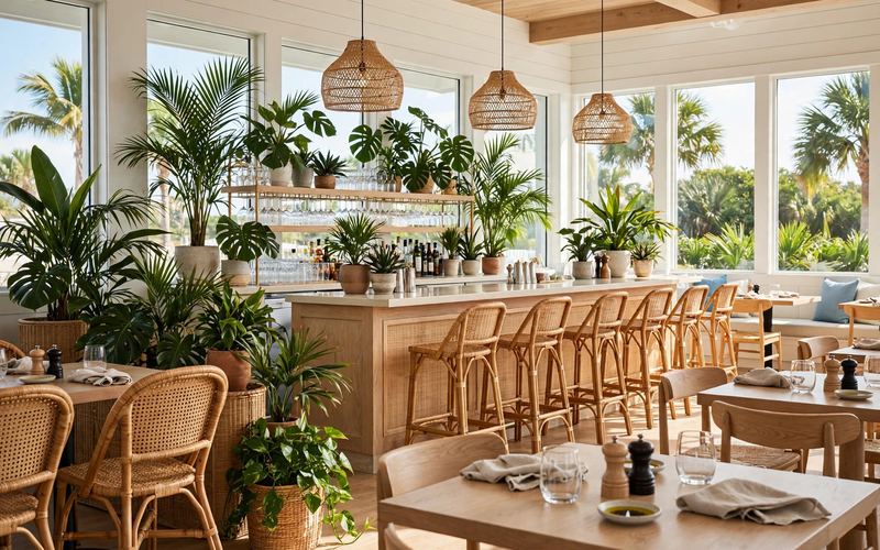 Bright modern coastal restaurant interior