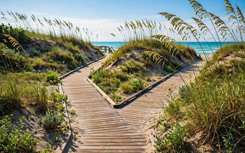Sandy boardwalk through dunes splitting toward the beach