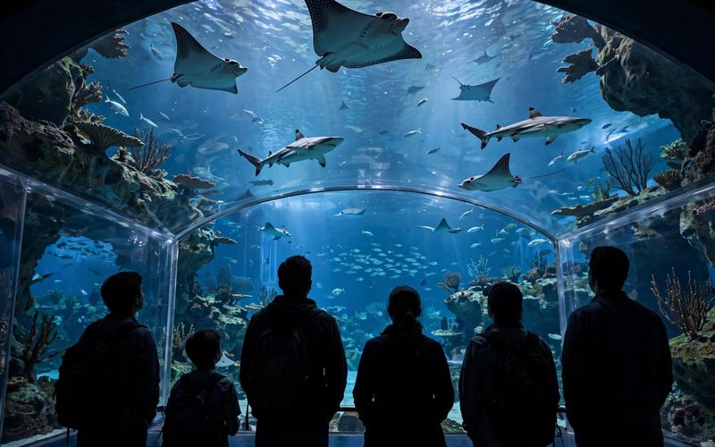 Sharks and rays swimming overhead in an aquarium tunnel