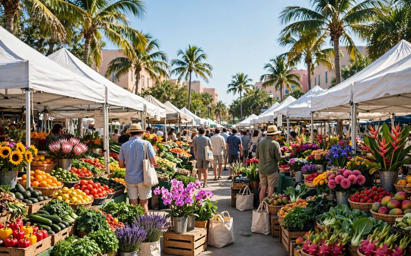 Farmers market stalls with fresh produce and flowers