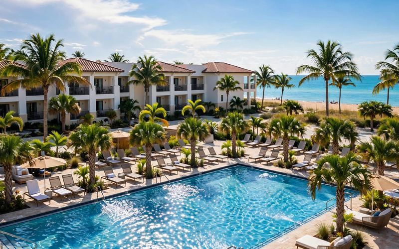 Beachfront resort pool lined with palm trees