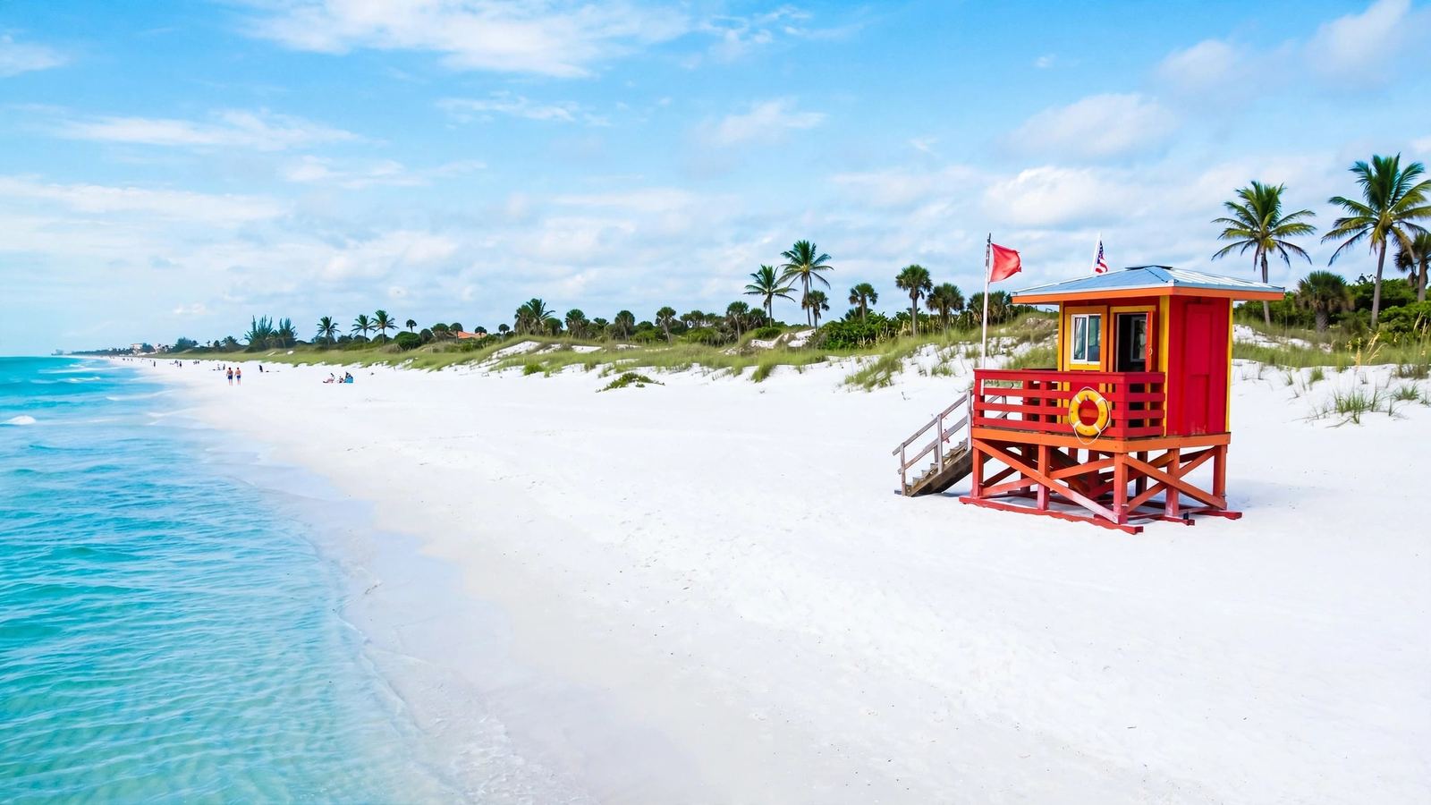 Siesta Key beach on a bright morning — white quartz sand, turquoise water, and a colorful lifeguard stand